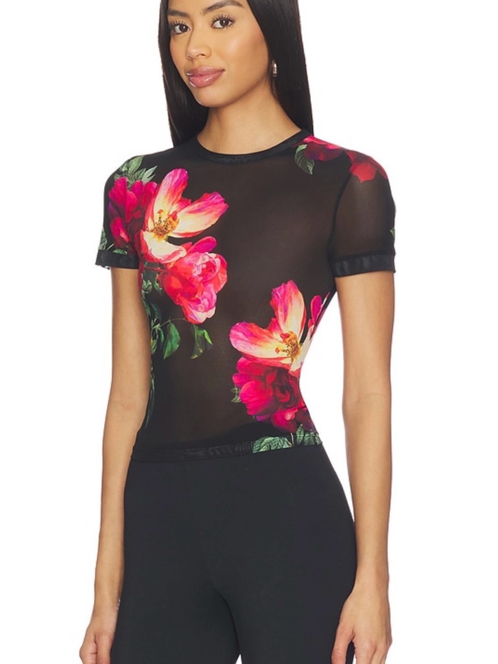 Black Floral Sheer Short-Sleeve Tee